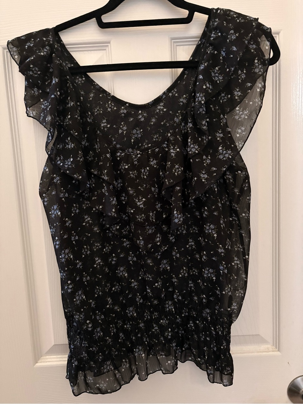 Miley Cyrus & Max Azria Black Sheer Floral Ruffle Top